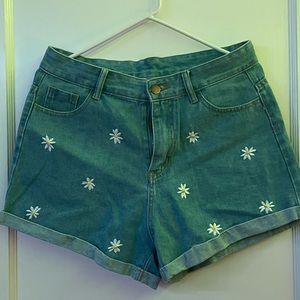 SHEIN daisy pattern embroidered jean shorts with gold detail
